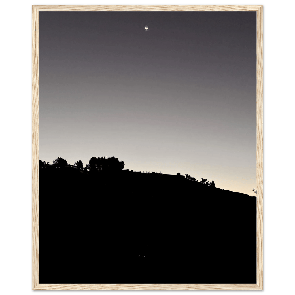 Wooden framed semi-glossy poster of fall new moon over Hollywood Hills in black and white California art series.