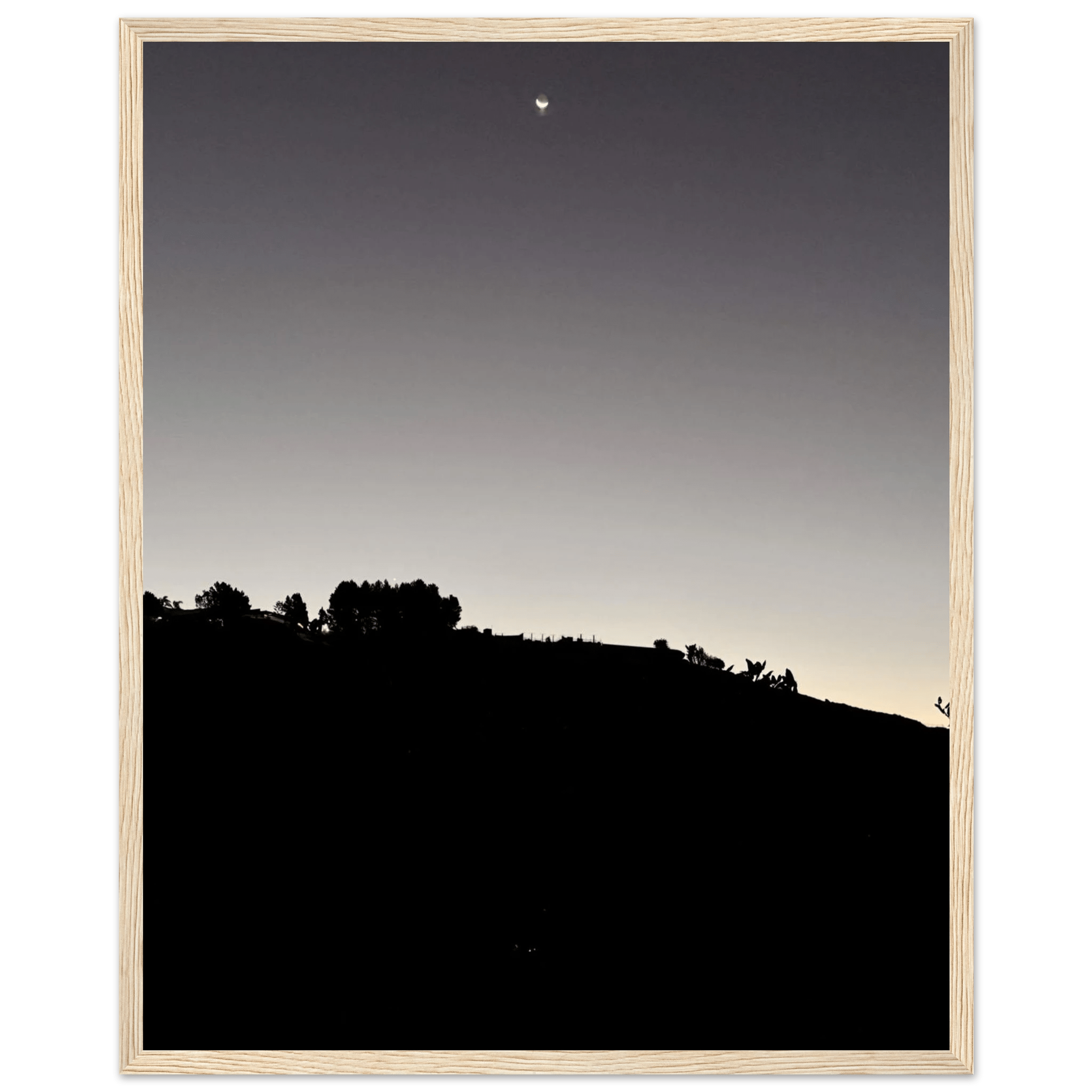 Wooden framed semi-glossy poster of fall new moon over Hollywood Hills in black and white California art series.