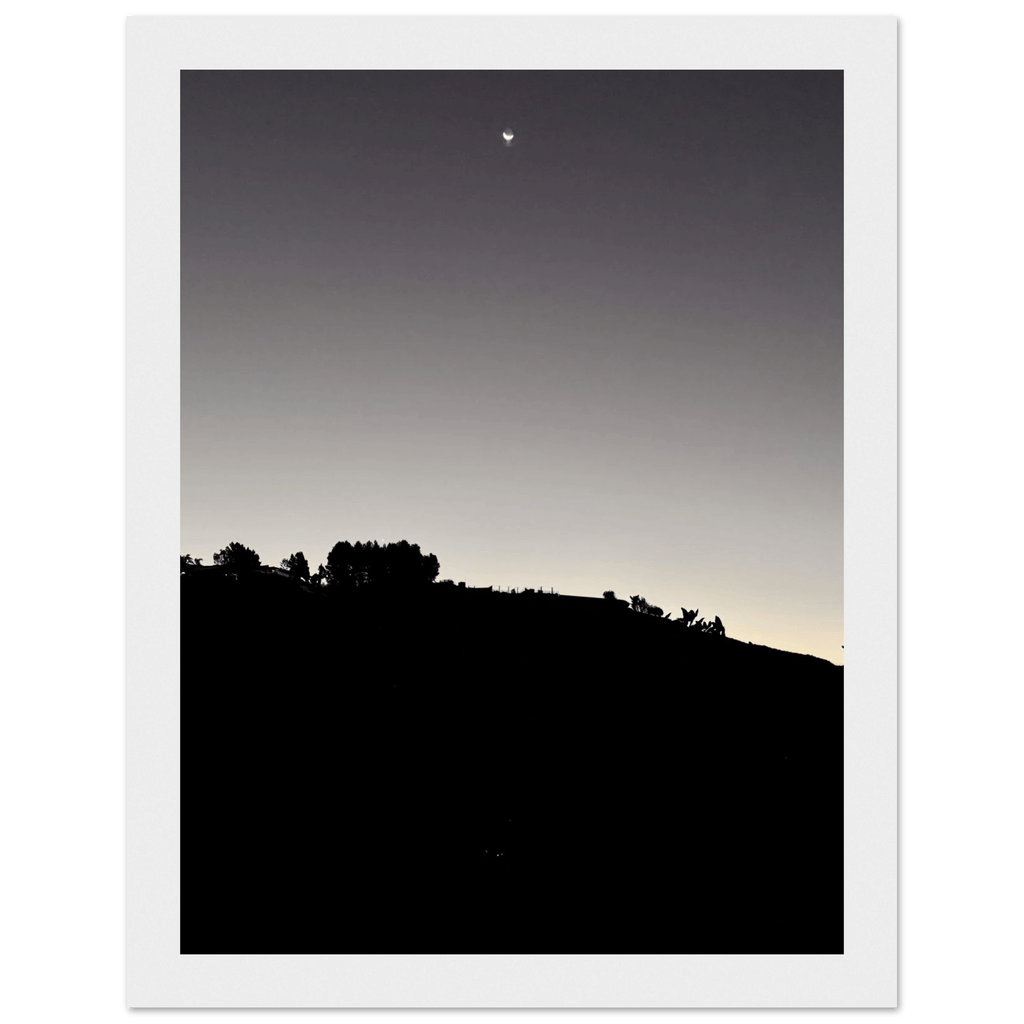 Wooden framed semi-glossy poster featuring a black and white fall moon over Hollywood Hills California art.