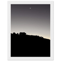 Wooden framed semi-glossy poster featuring a black and white fall moon over Hollywood Hills California art.