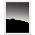 Wooden framed semi-glossy poster featuring a black and white fall moon over Hollywood Hills California art.