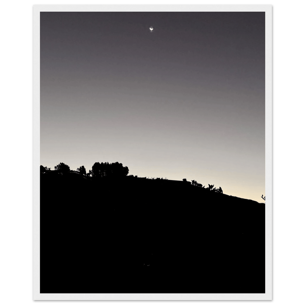 Wooden framed semi-glossy poster featuring black and white Hollywood Hills fall moon scene, California art, studio edition.