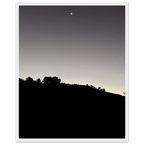 Wooden framed semi-glossy poster featuring black and white Hollywood Hills fall moon scene, California art, studio edition.