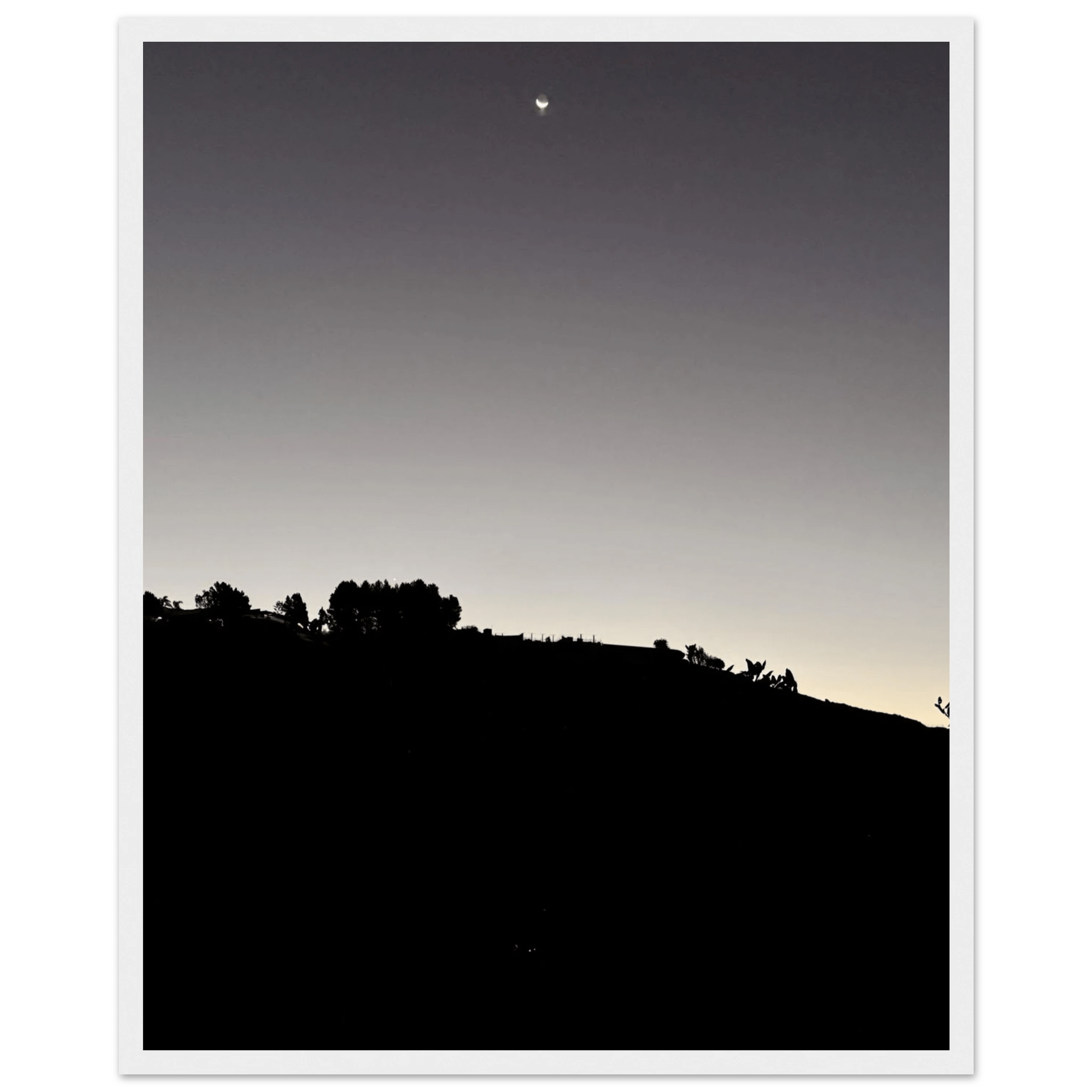 Wooden framed semi-glossy poster featuring black and white Hollywood Hills fall moon scene, California art, studio edition.