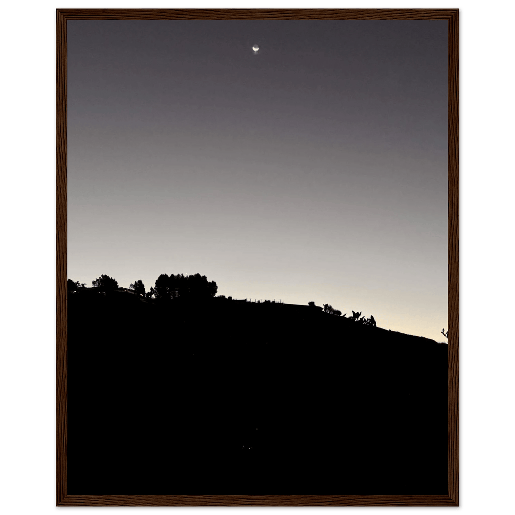 Wooden framed semi-glossy poster featuring black and white Hollywood Hills fall moon scene, California art studio edition.