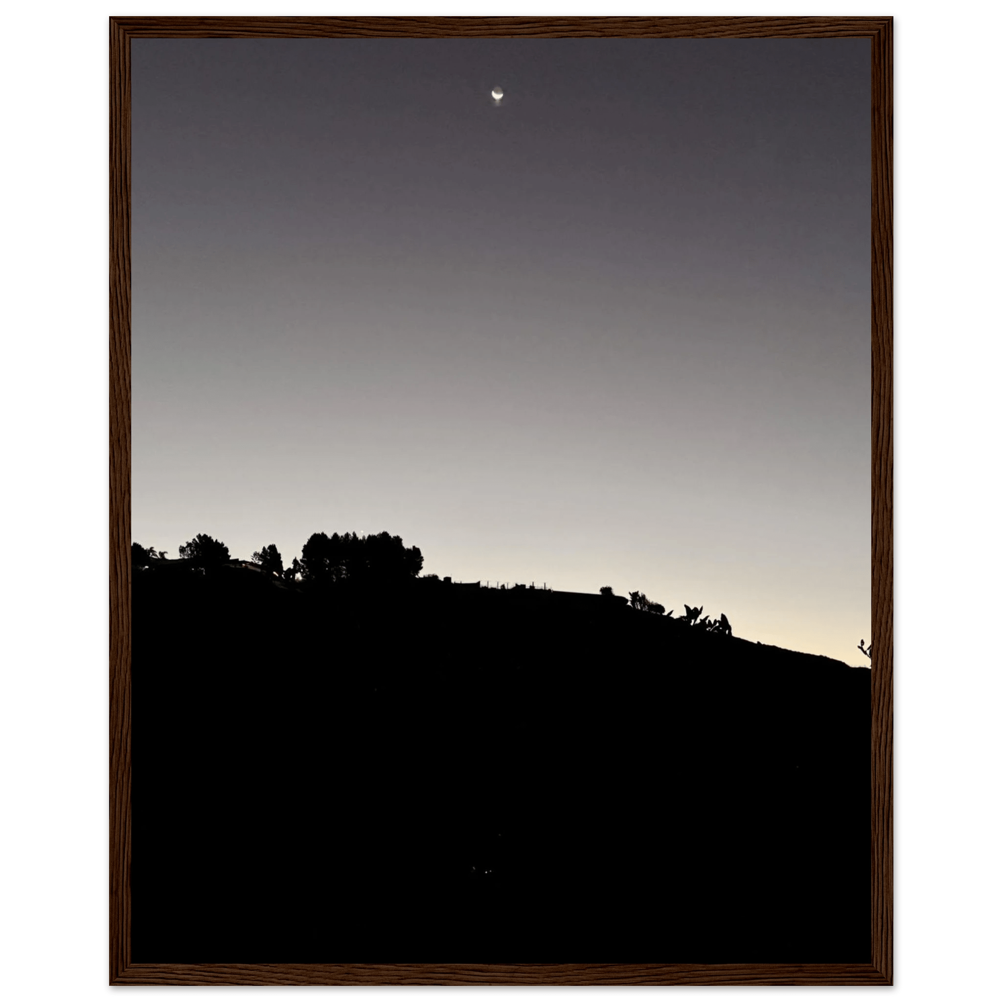 Wooden framed semi-glossy poster featuring black and white Hollywood Hills fall moon scene, California art studio edition.