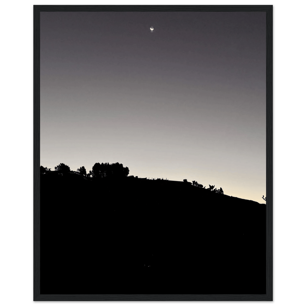 Wooden framed semi-glossy poster of Fall New Moon over Hollywood Hills in black and white, California art studio edition.