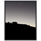 Wooden framed semi-glossy poster of Fall New Moon over Hollywood Hills in black and white, California art studio edition.