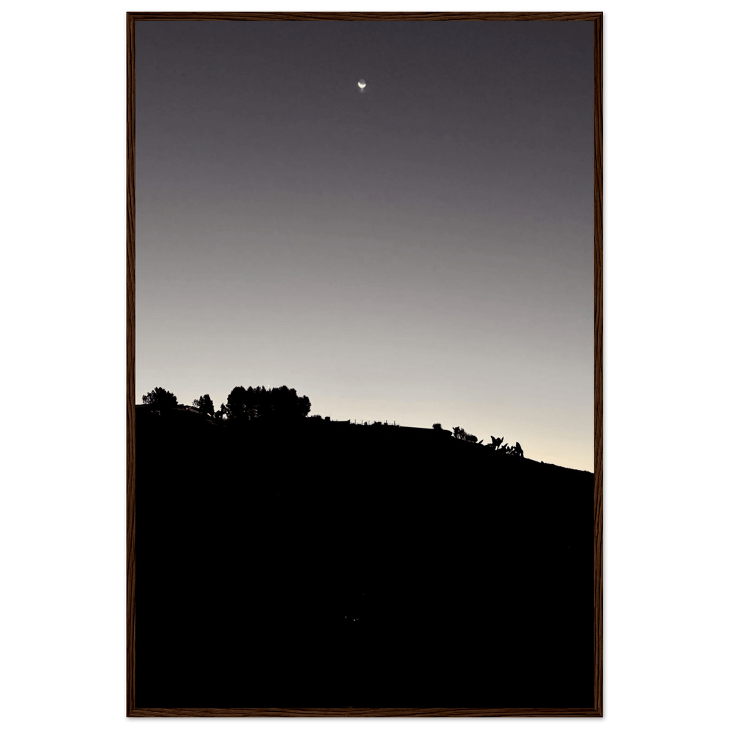 Wooden framed semi-glossy poster of fall New Moon in Hollywood Hills black and white California art print.