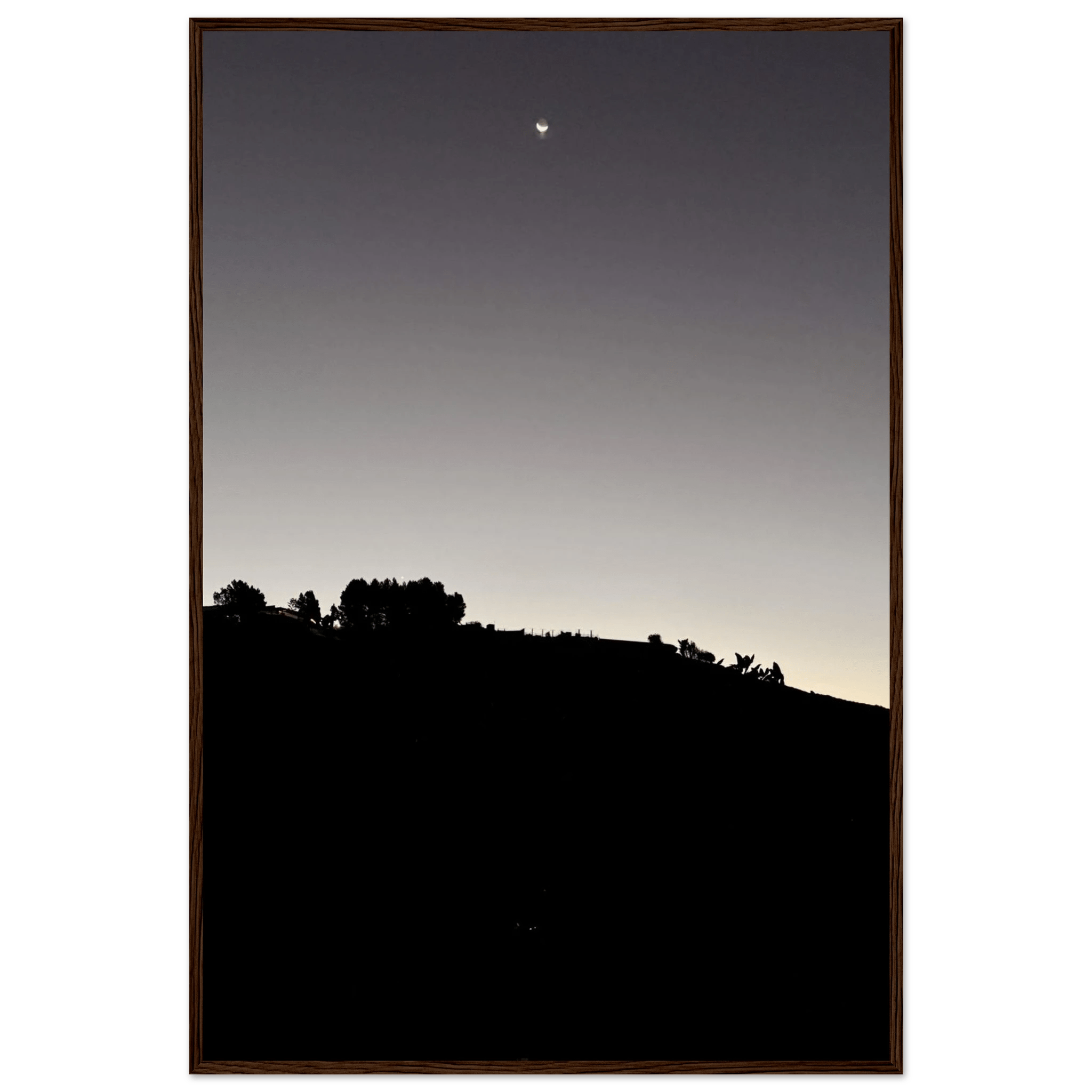 Wooden framed semi-glossy poster of fall New Moon in Hollywood Hills black and white California art print.