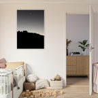 Wooden framed semi-glossy poster featuring black and white Hollywood Hills fall moon California art print.