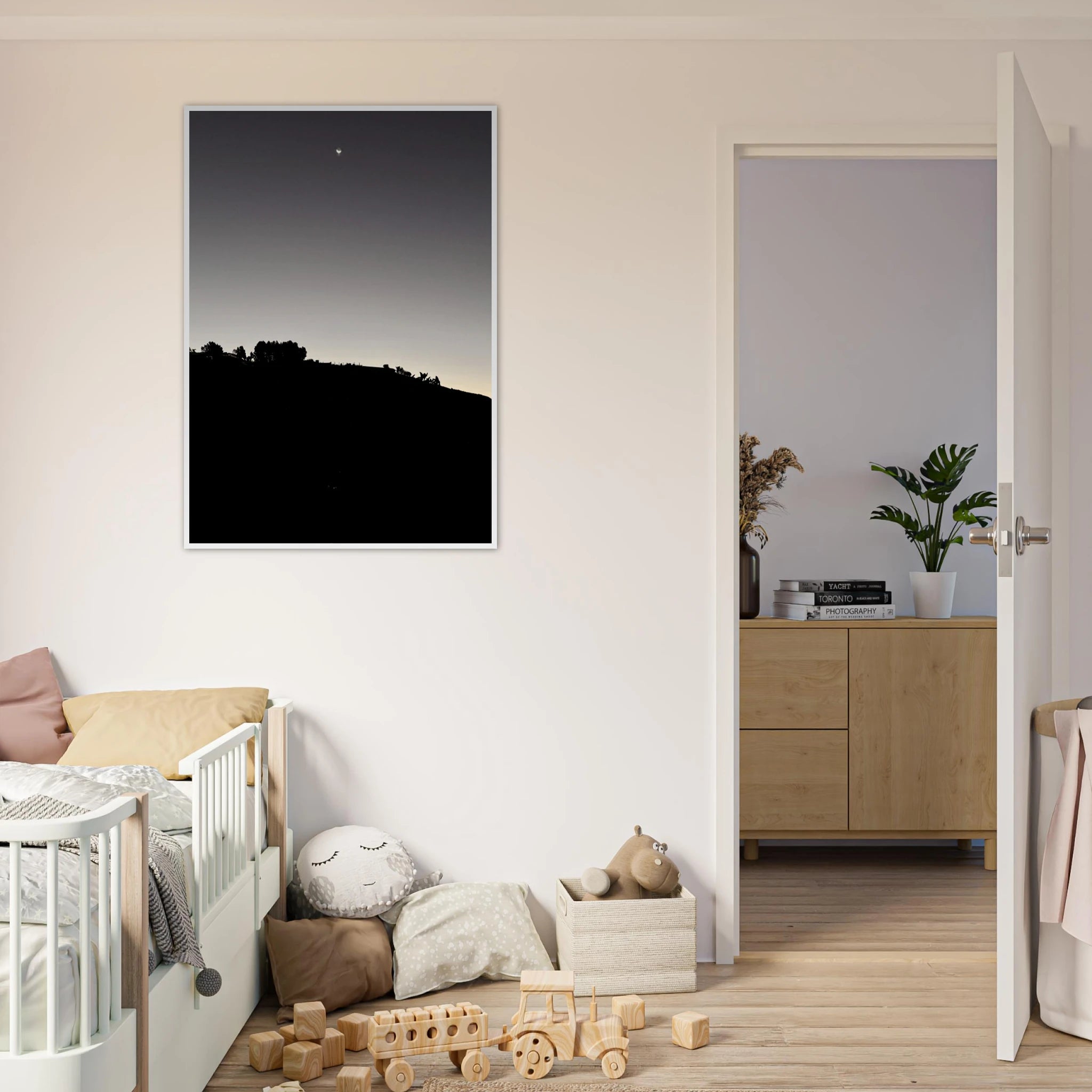 Wooden framed semi-glossy poster featuring black and white Hollywood Hills fall moon California art print.