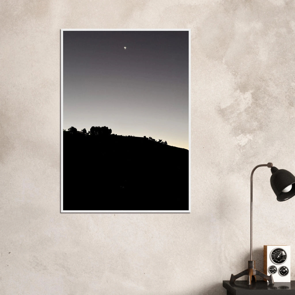 Wooden framed semi-glossy poster featuring black and white fall moon and Hollywood Hills California scene, studio edition art print.
