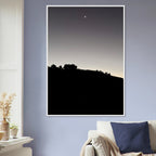 Wooden framed semi-glossy poster featuring a black and white Hollywood Hills moon scene from the Fall New Moon California art series.