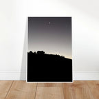 Wooden framed semi-glossy poster featuring a black and white fall moon over Hollywood Hills, California poster art, studio edition.