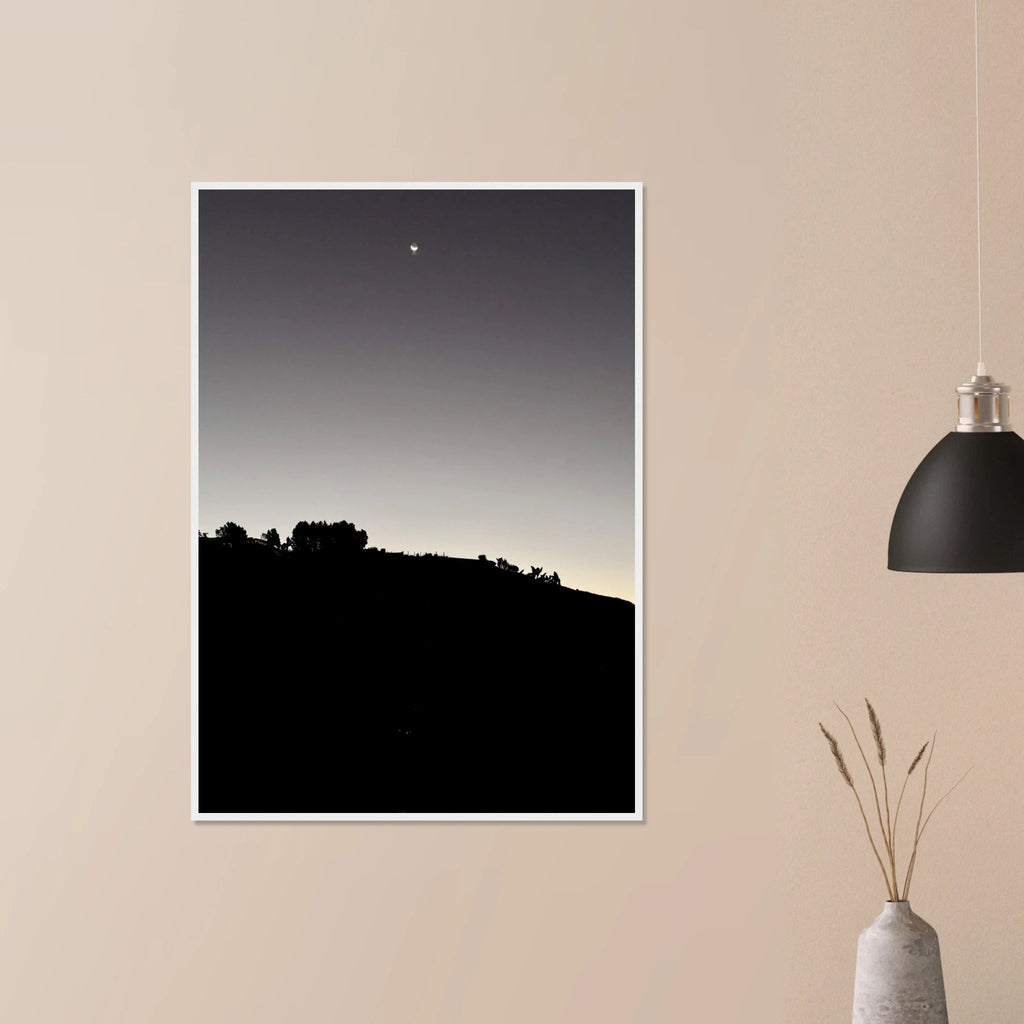 Wooden framed semi-glossy poster featuring Fall New Moon Hollywood Hills black and white California art in 15x20 cm size.