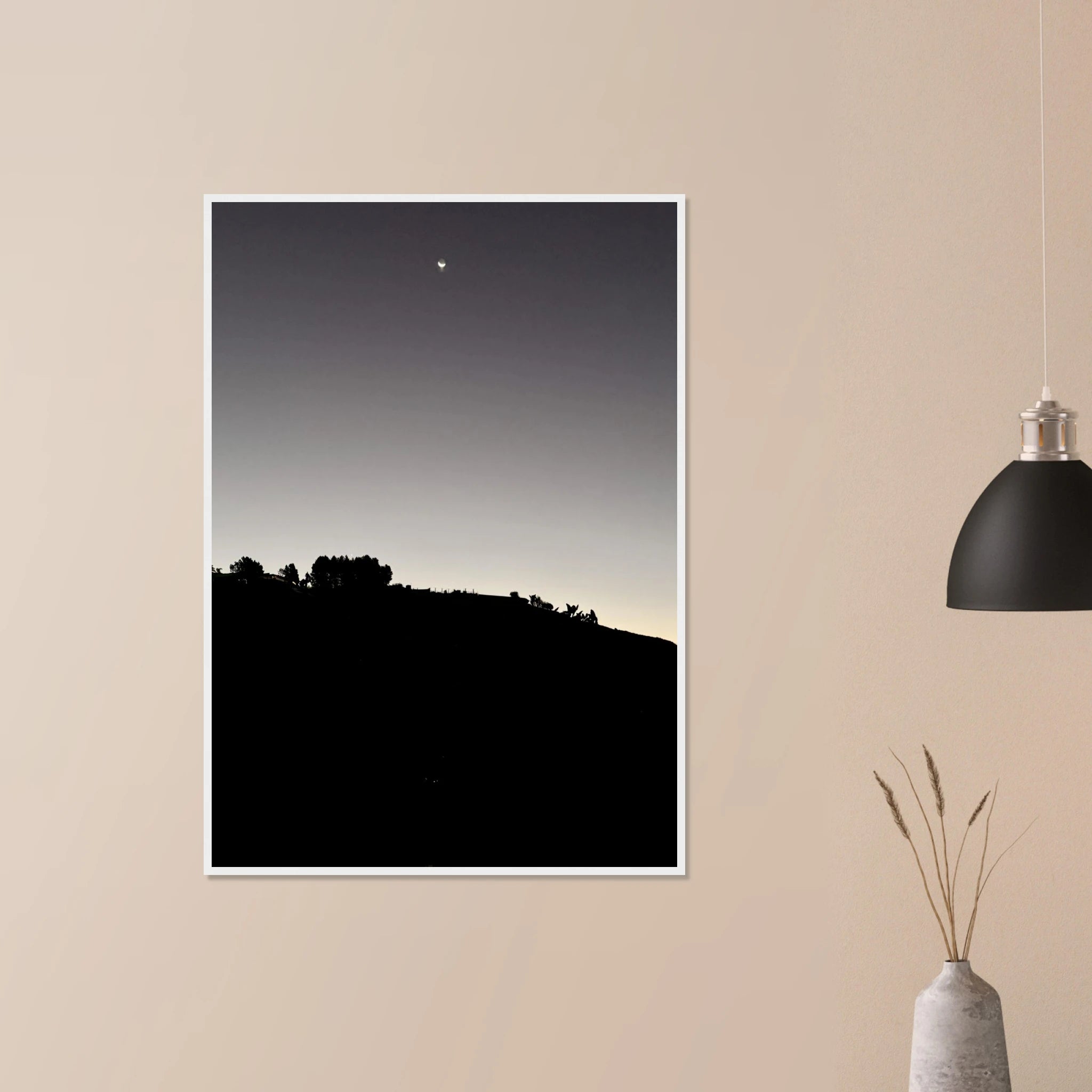 Wooden framed semi-glossy poster featuring Fall New Moon Hollywood Hills black and white California art in 15x20 cm size.