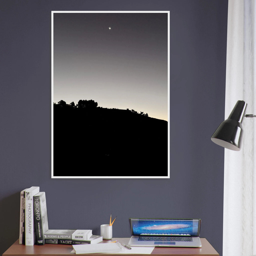 Wooden framed semi-glossy poster featuring black and white Hollywood Hills fall moon California scene, studio edition art print.
