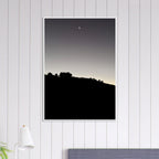 Wooden framed semi-glossy poster of fall New Moon over Hollywood Hills in black and white California art series.
