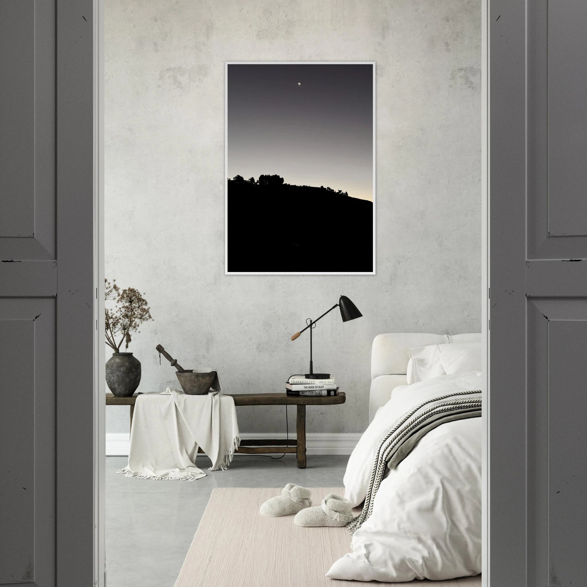 Wooden framed semi-glossy poster of the Fall New Moon Hollywood Hills in black and white, California poster art, Studio Edition.