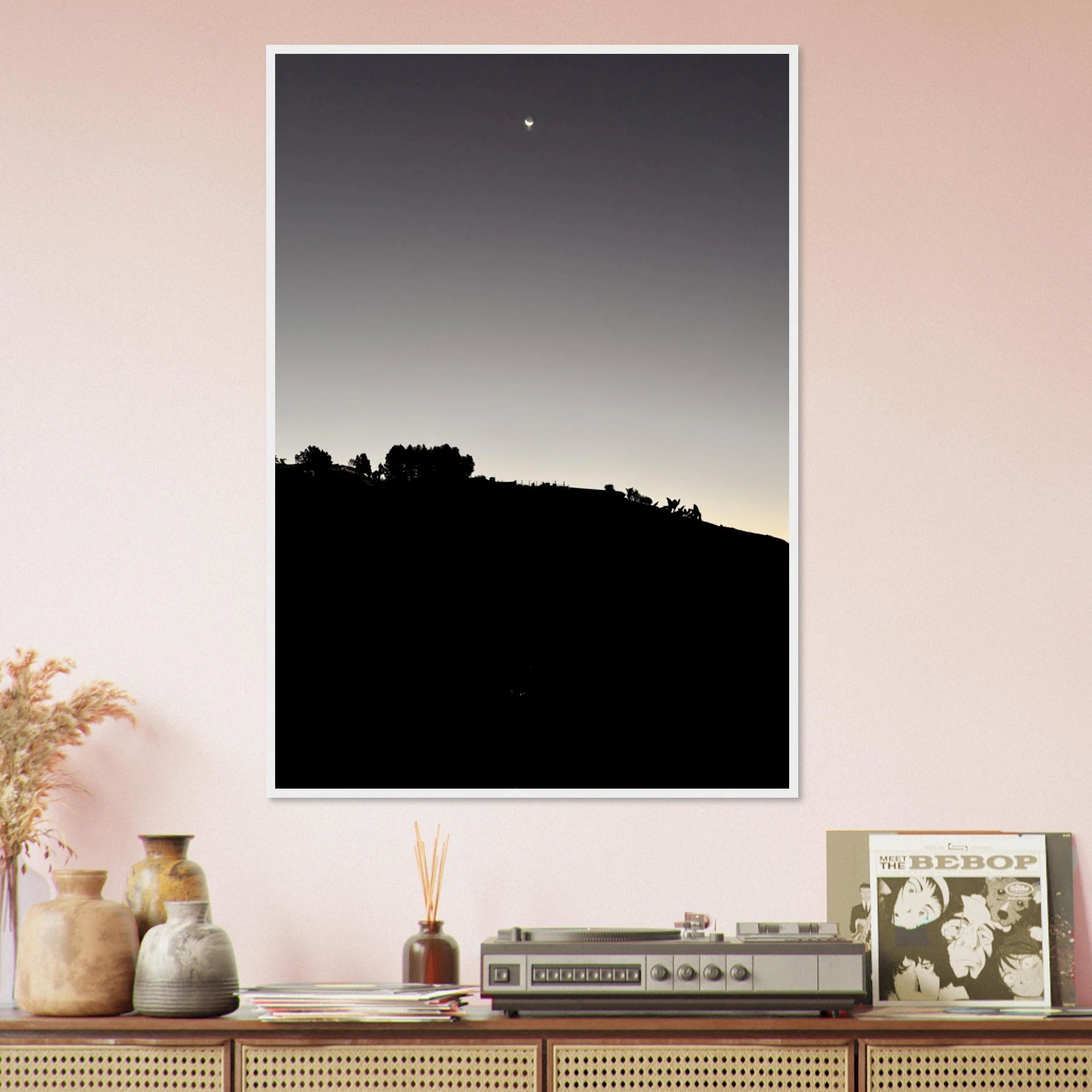 Wooden framed semi-glossy poster featuring fall New Moon Hollywood Hills California black and white series artwork.