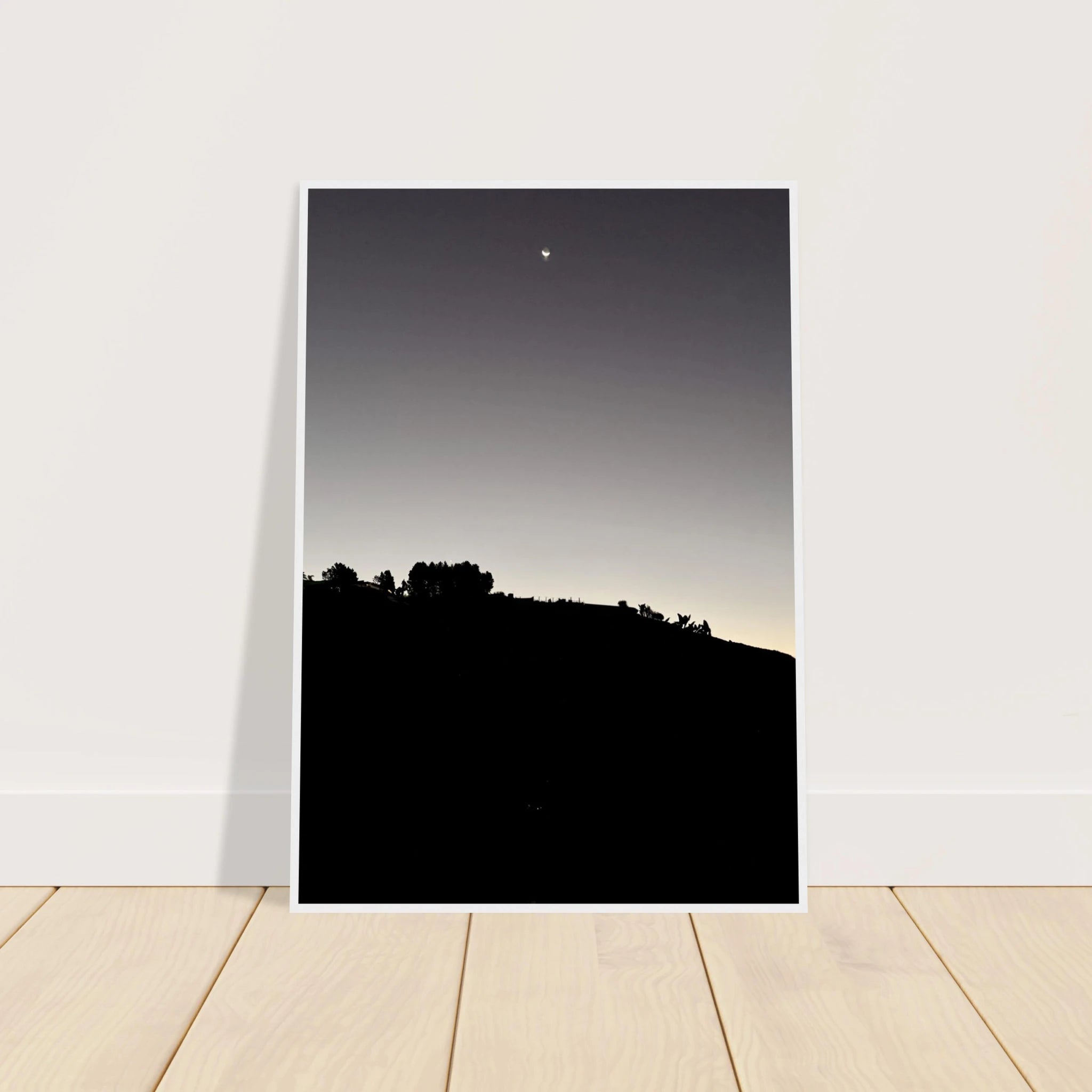 Wooden framed semi-glossy poster featuring a black and white Hollywood Hills fall moon scene, California poster art, studio edition.