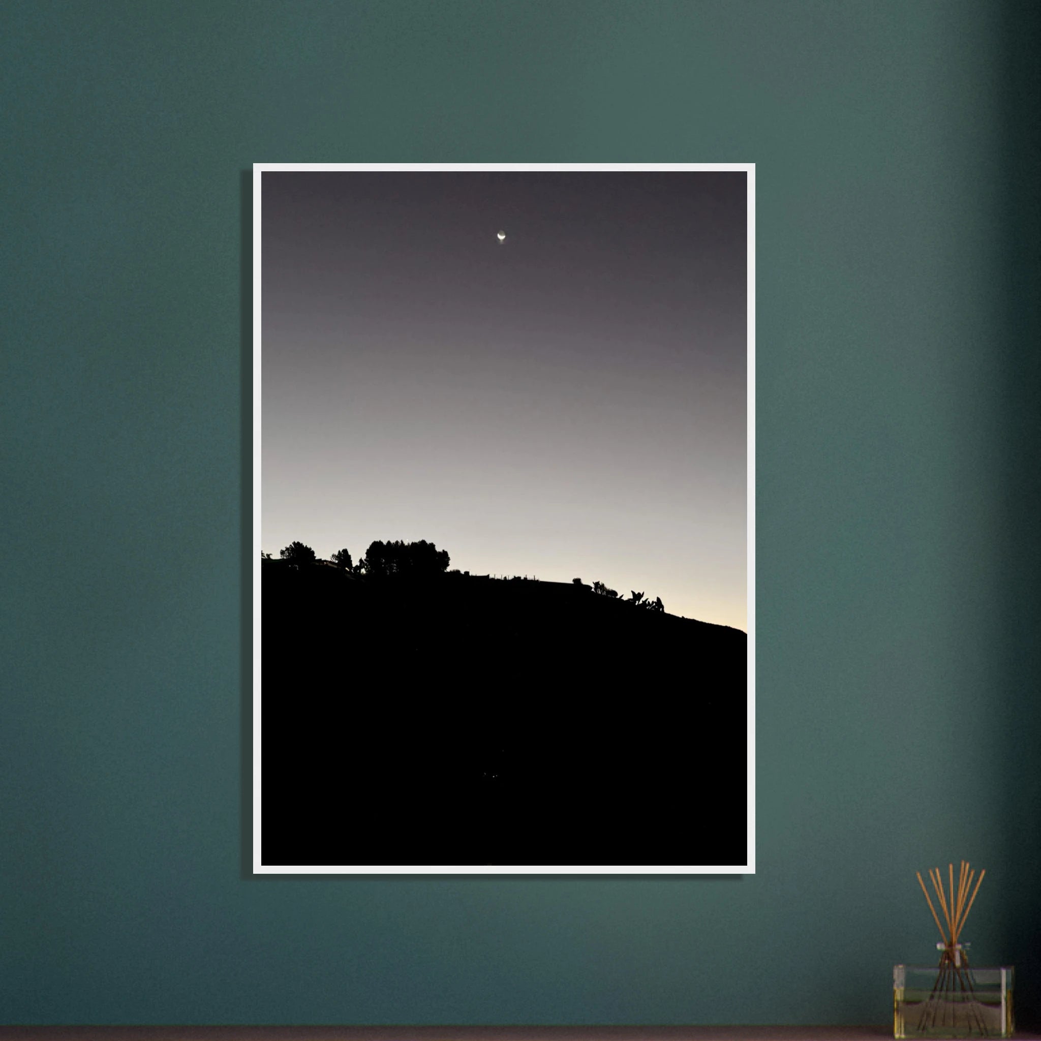 Wooden framed semi-glossy poster featuring black and white Hollywood Hills fall moon California art, studio edition print.