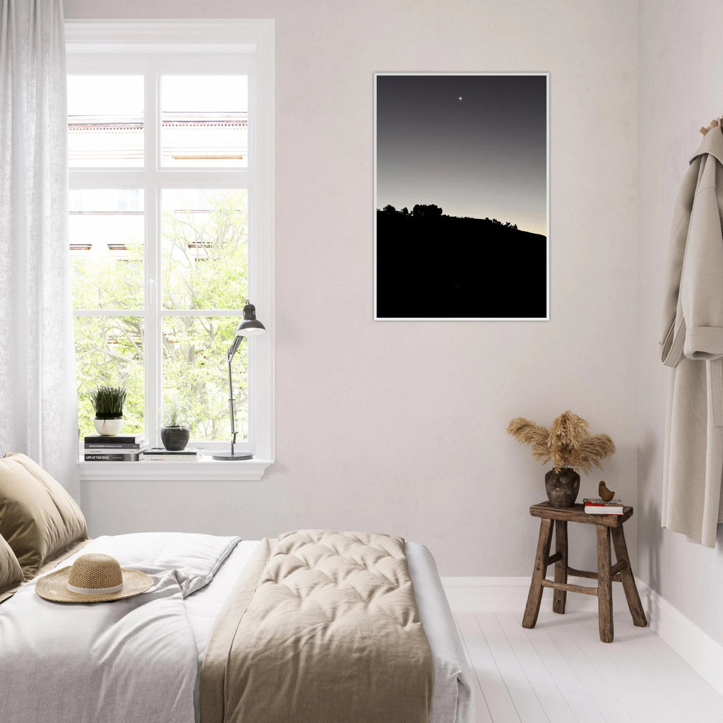 Wooden framed semi-glossy print of Fall New Moon Hollywood Hills California poster art in black and white from the Studio Edition.