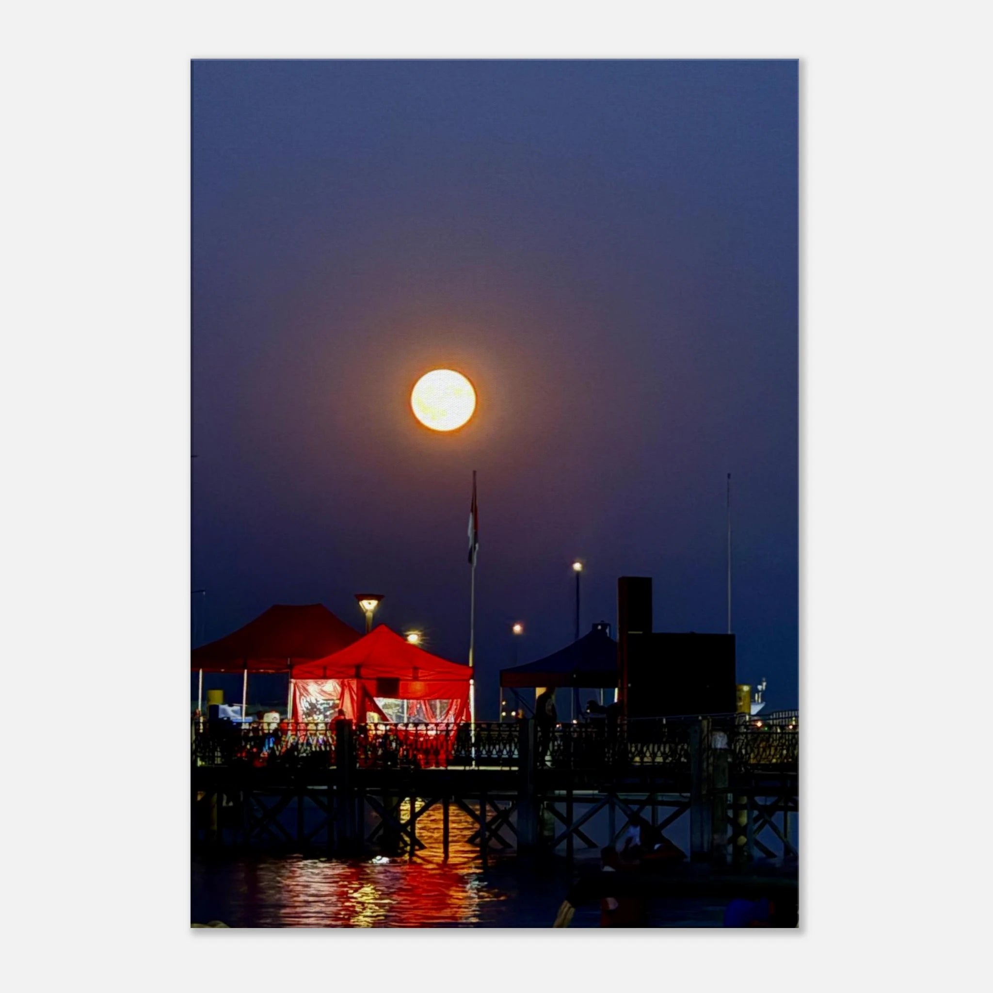 Mystical Fall Full Moon slim canvas print from the Travel Collection, featuring a serene harbor scene with a glowing full moon.