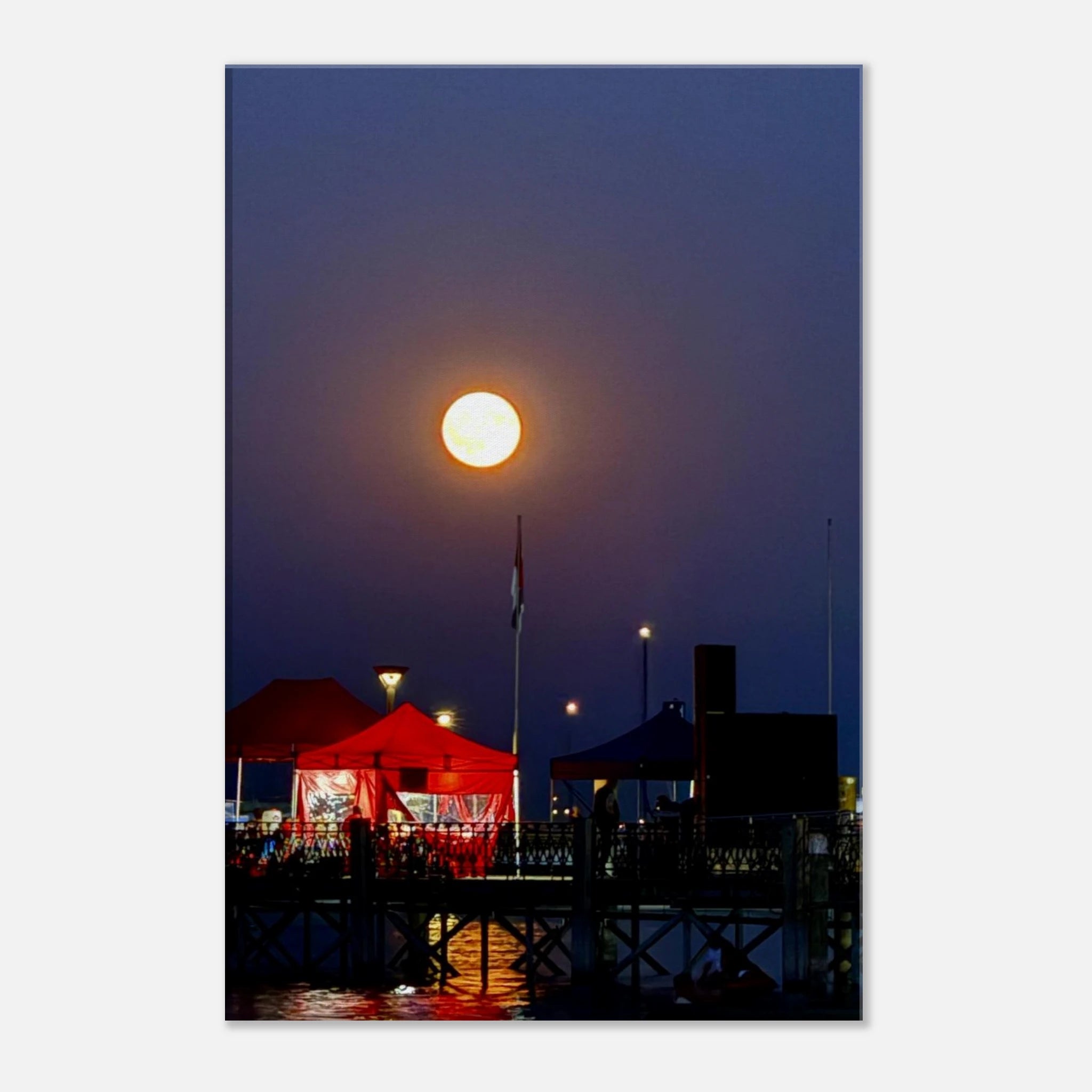 Mystical Fall Full Moon Slim Canvas Print from the Travel Collection, featuring a serene harbor scene with a glowing full moon.