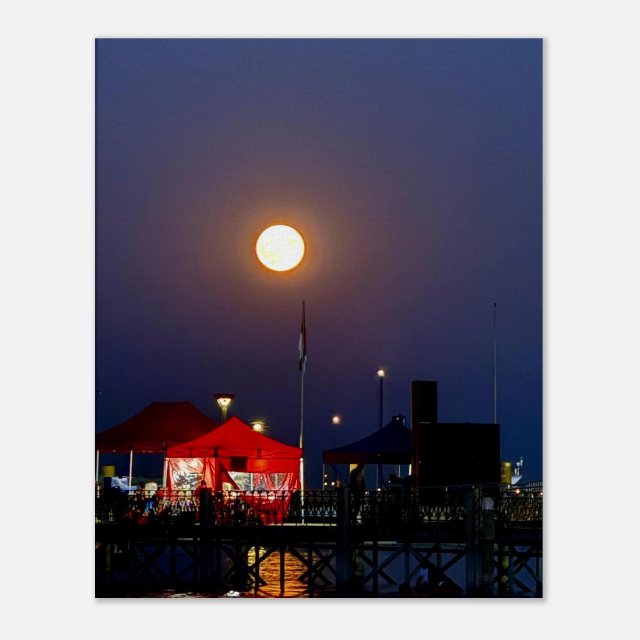 Mystical Fall Full Moon Slim Canvas Print from the Travel Collection by Studio Edition featuring a moody harbor scene for home decor