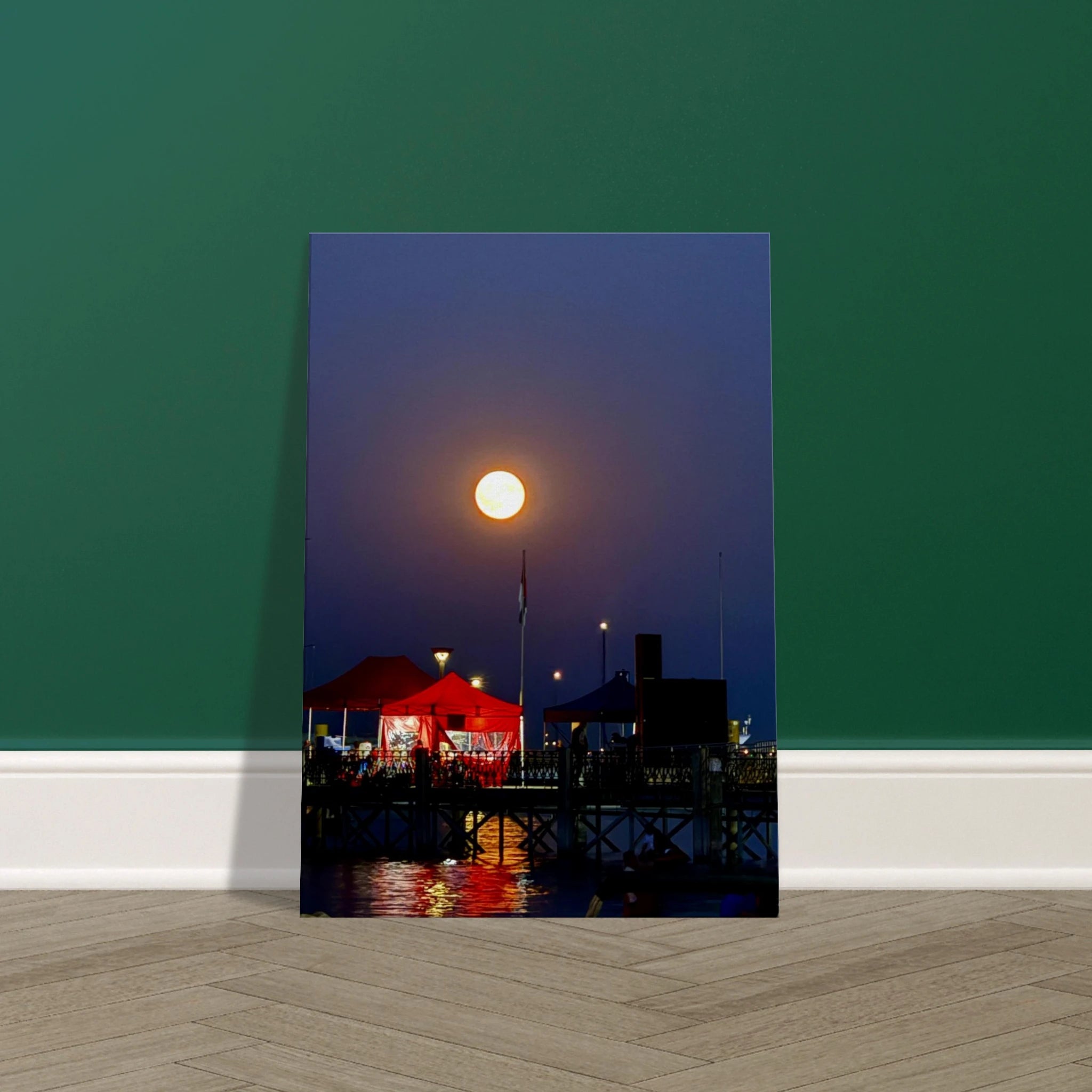 Mystical Fall Full Moon slim canvas print from the Travel Collection, featuring a serene harbor under a glowing full moon.