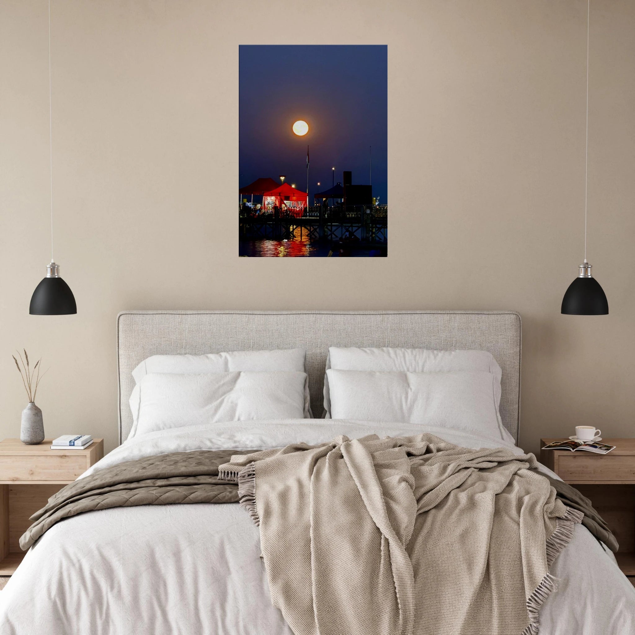 Mystical Fall Full Moon Slim Canvas Print from the Travel Collection by My Store, featuring a serene harbor under a luminous full moon.