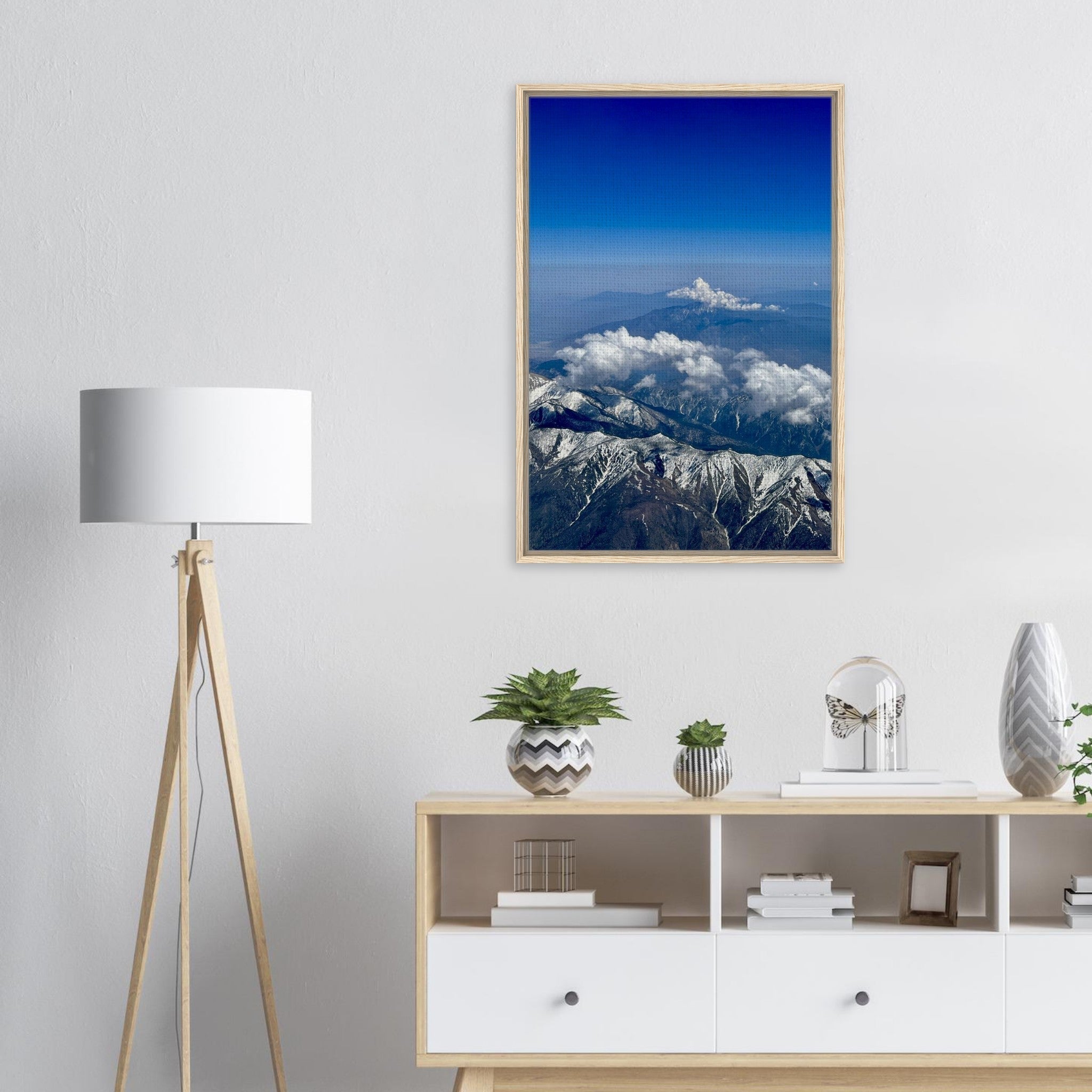 Framed canvas print of the Rocky Mountains with blue skies and snow-covered peaks, part of the Travel Collection, Studio Edition.
