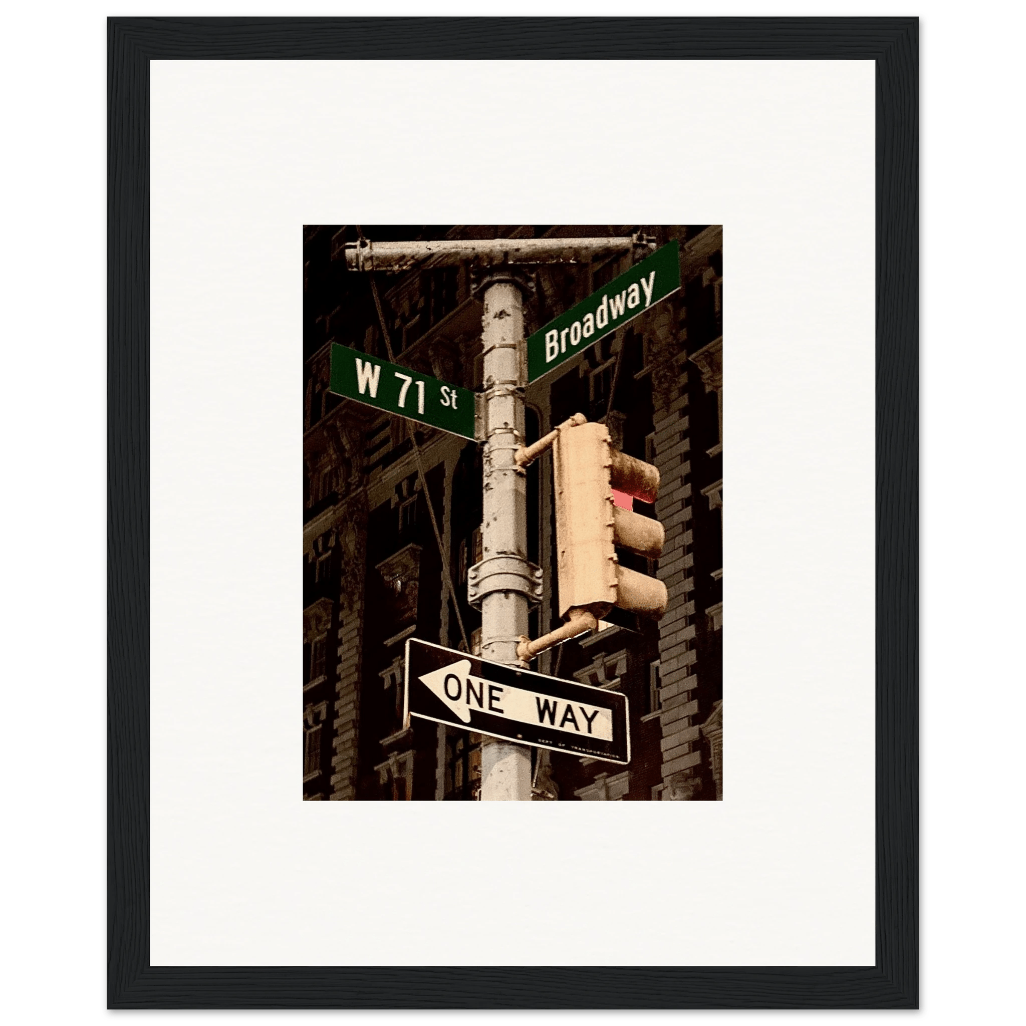 NYC Series framed poster featuring iconic street signs artwork, perfect for urban decor and travel-themed interior design.
