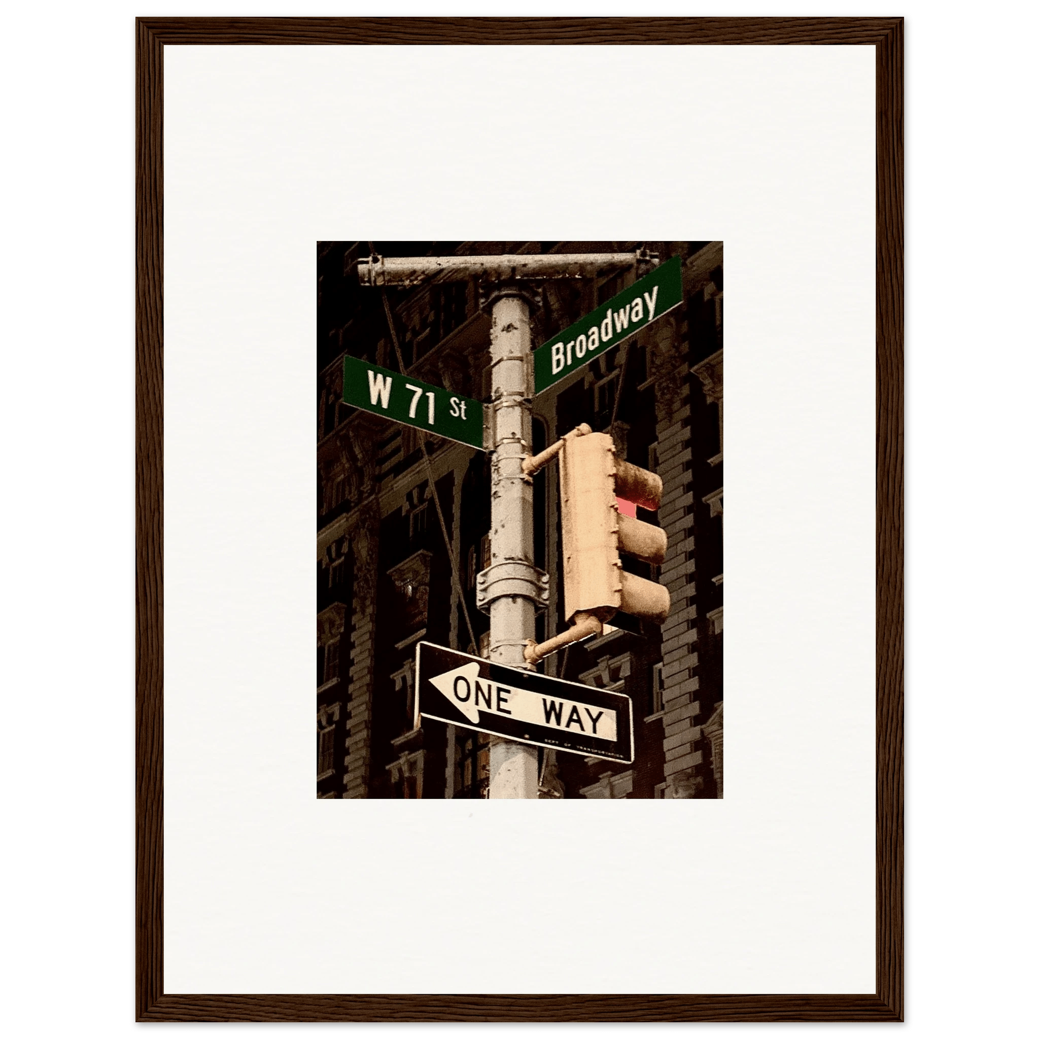 NYC Series framed poster featuring iconic street signs artwork, urban decor print with white frame, travel collection studio edition.