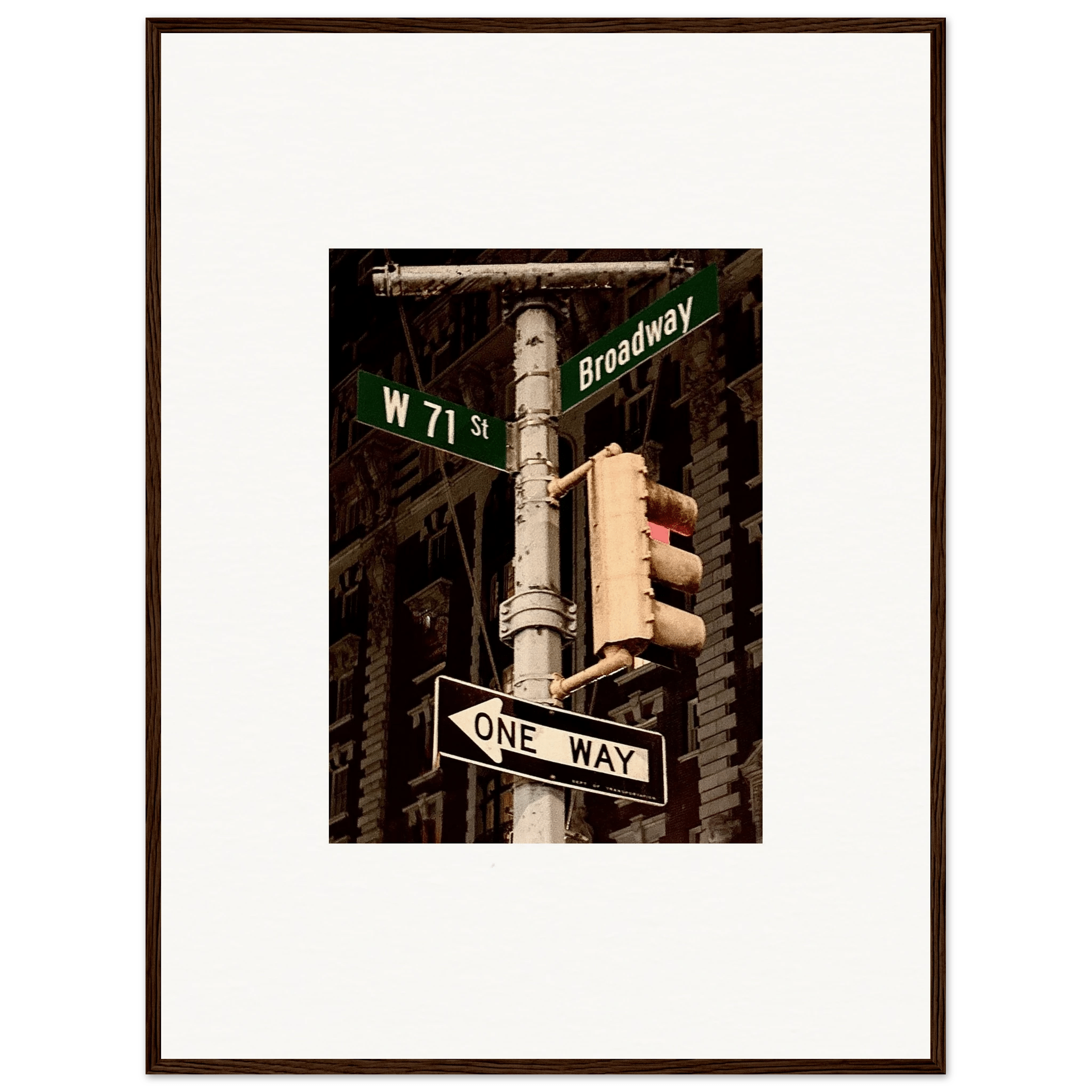 NYC Series framed poster featuring iconic street signs, urban street signs artwork in a white frame, part of the Studio Edition travel collection.