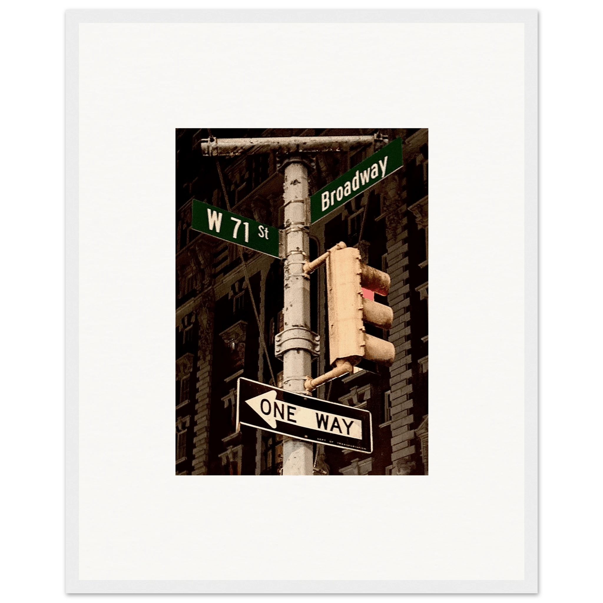 NYC Series framed poster featuring iconic street signs, urban decor print in a white 8x10-inch frame from the Studio Edition travel collection.