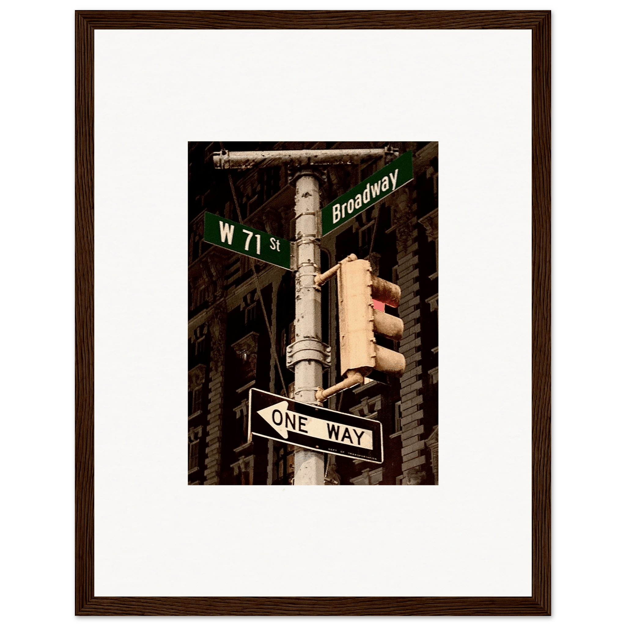 NYC Series framed poster with iconic street signs artwork, 8x10 inch print in white frame, urban decor travel collection.