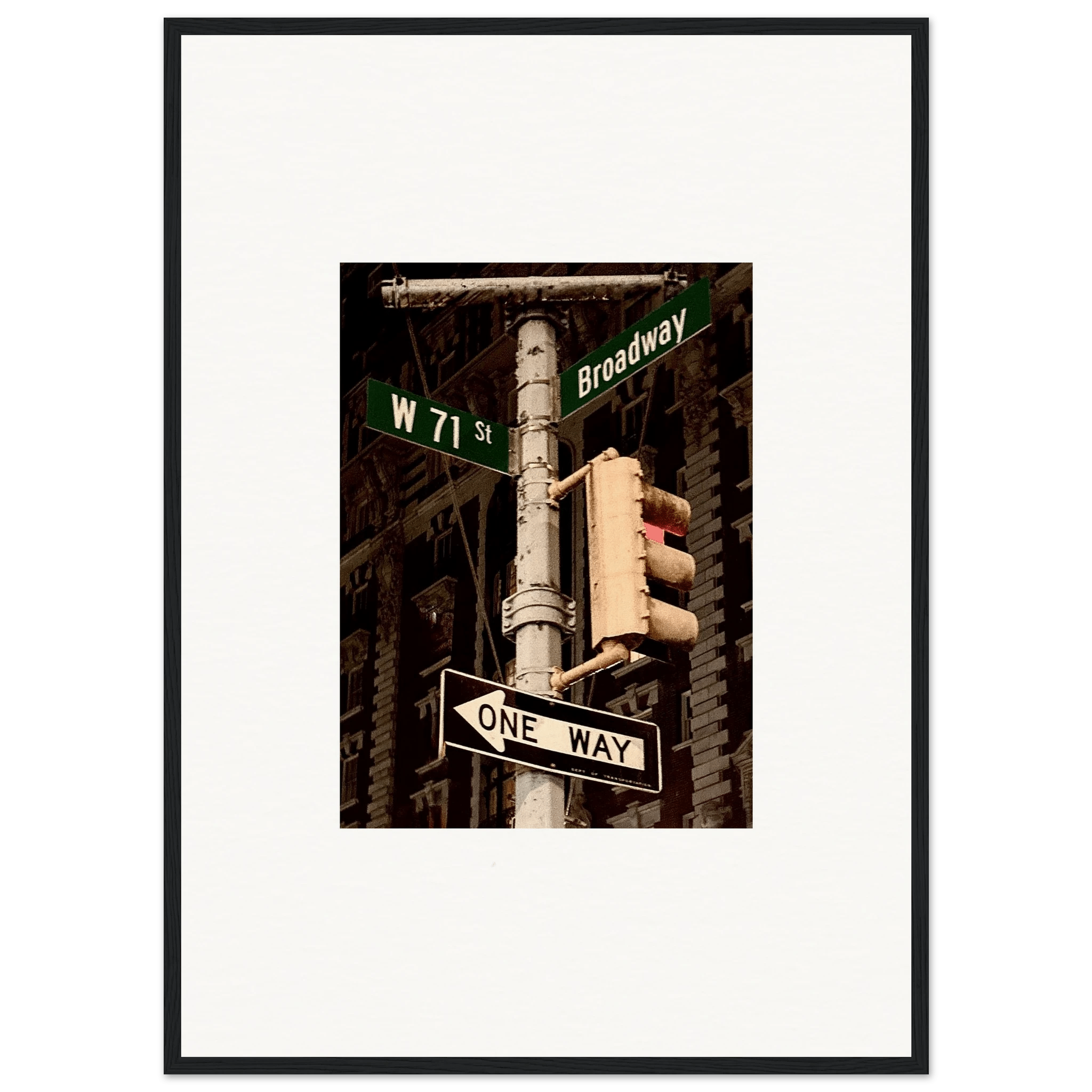 NYC Series framed poster featuring iconic street signs artwork, urban decor print in white frame, Studio Edition travel collection.