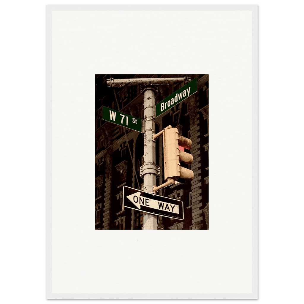 NYC Series framed poster featuring iconic street signs, urban decor print in a white 20x25 cm frame, part of travel collection.