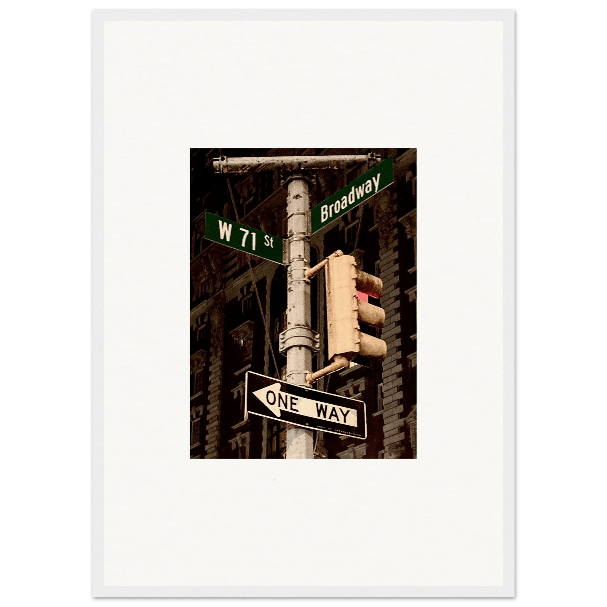 NYC Series framed poster featuring iconic street signs, urban decor print in a white 20x25 cm frame, part of travel collection.