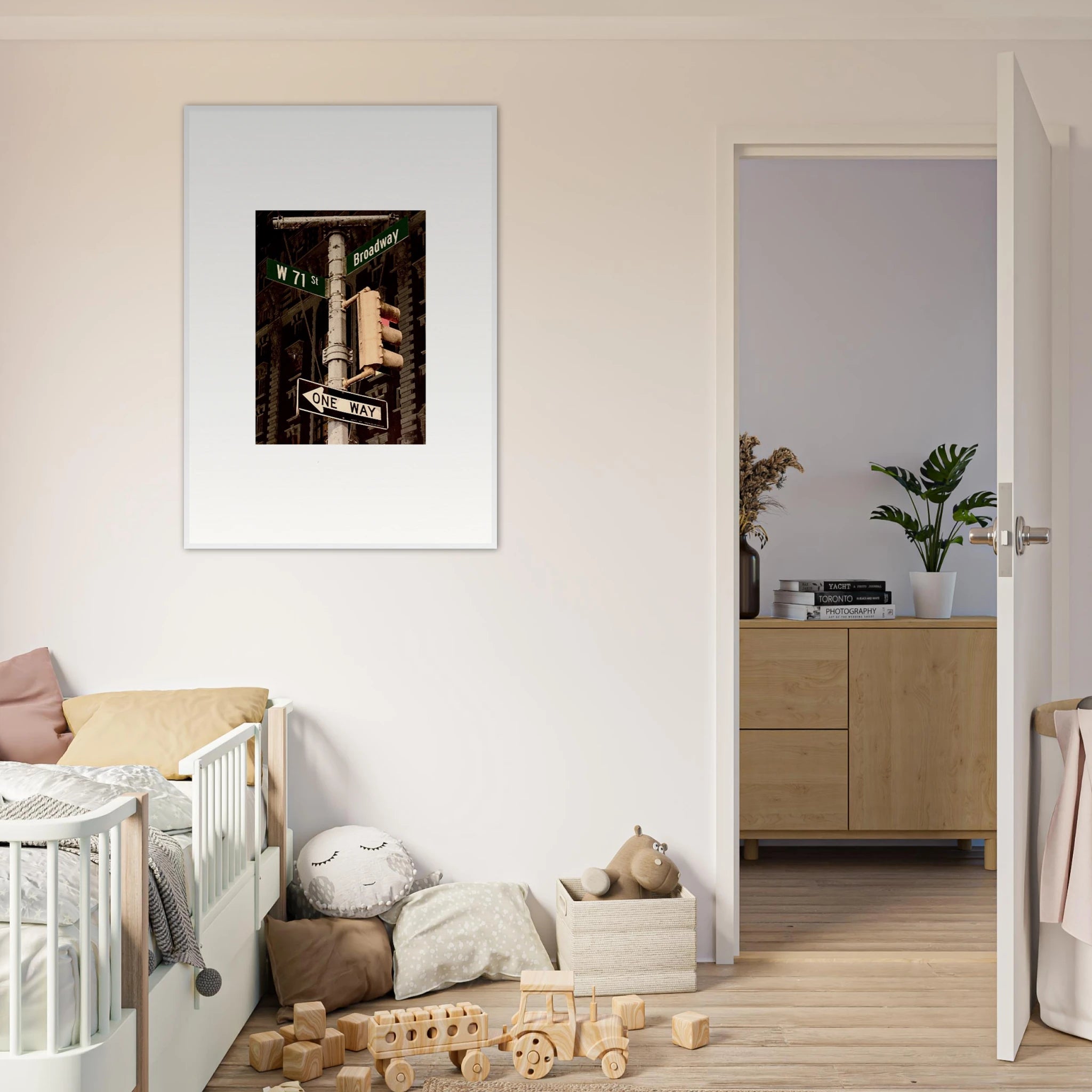 NYC Series framed poster featuring iconic street signs, urban decor print on high-quality material with white frame, studio edition.