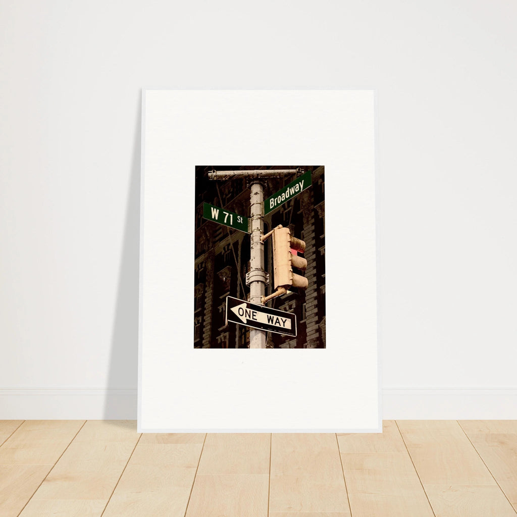 NYC Series framed poster featuring iconic street signs, urban decor print on high-quality material with white frame.