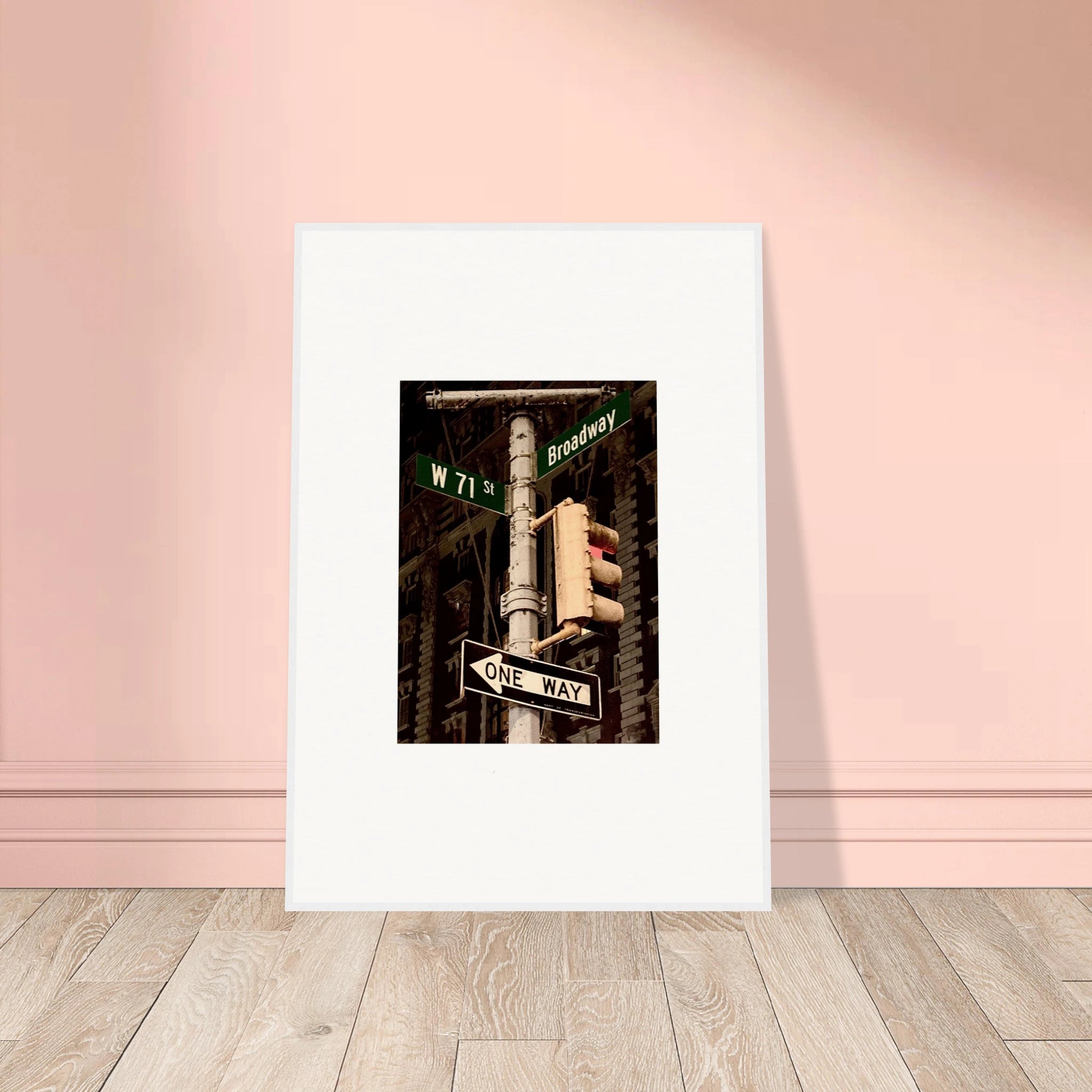 NYC Series framed poster featuring iconic street signs, urban decor artwork in a white frame, part of the Studio Edition travel collection.