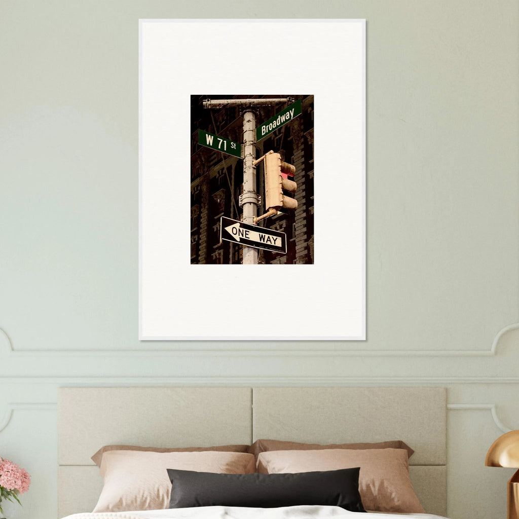 NYC Series framed poster featuring iconic street signs artwork, urban decor print on white frame, part of Studio Edition travel collection.