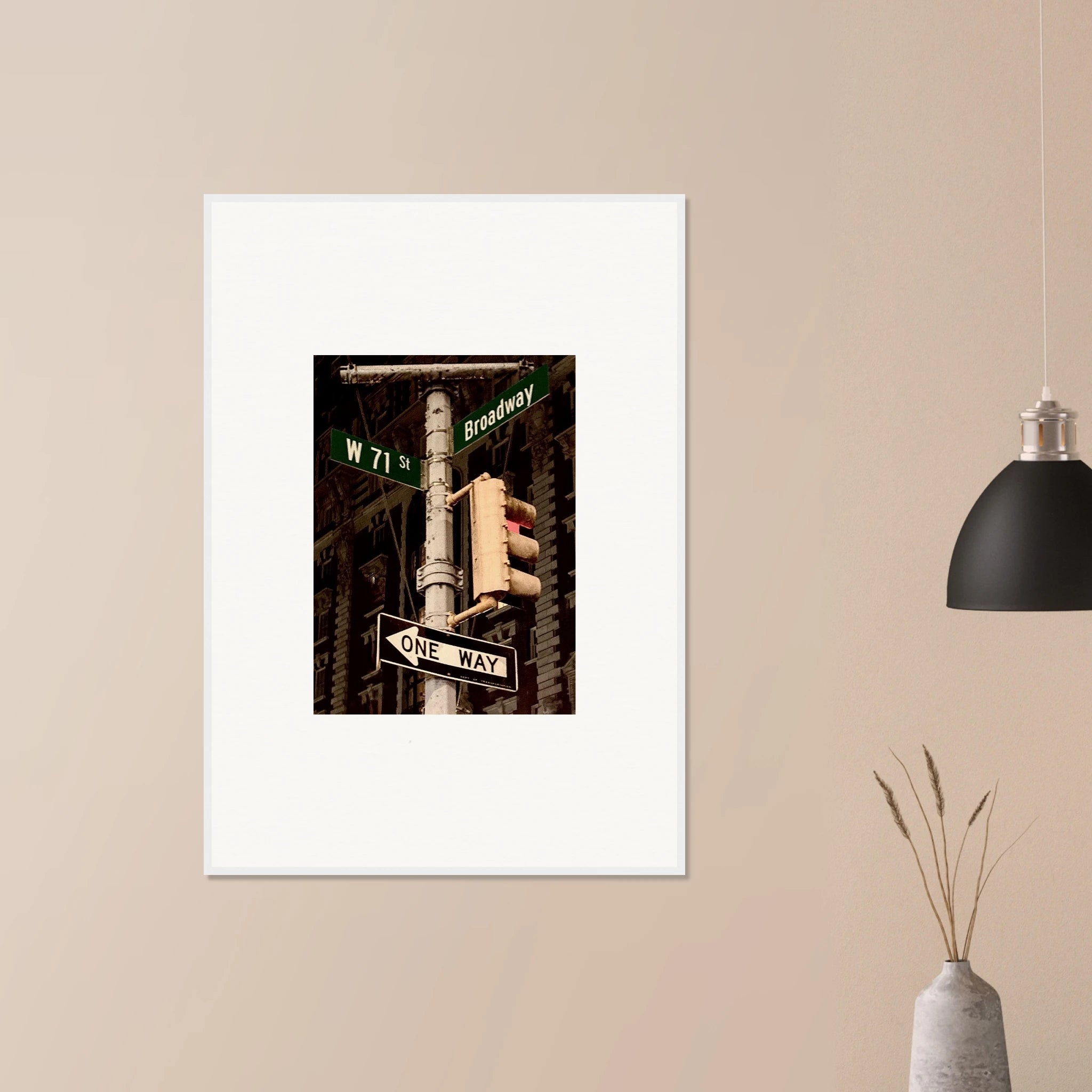 NYC Series framed poster featuring iconic street signs artwork, urban decor print in white frame, part of travel collection.