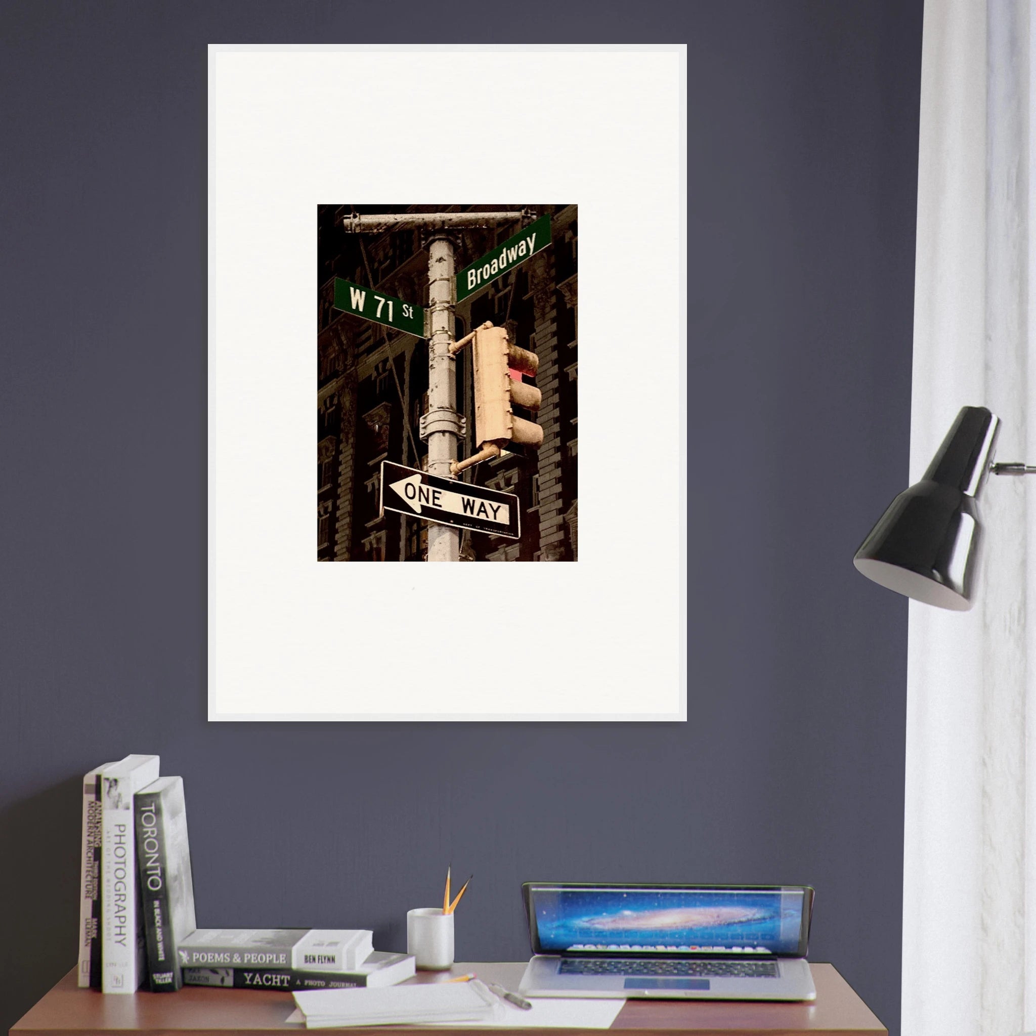 NYC Series framed poster featuring iconic street signs artwork, 8x10 inch print in a white frame for urban decor.