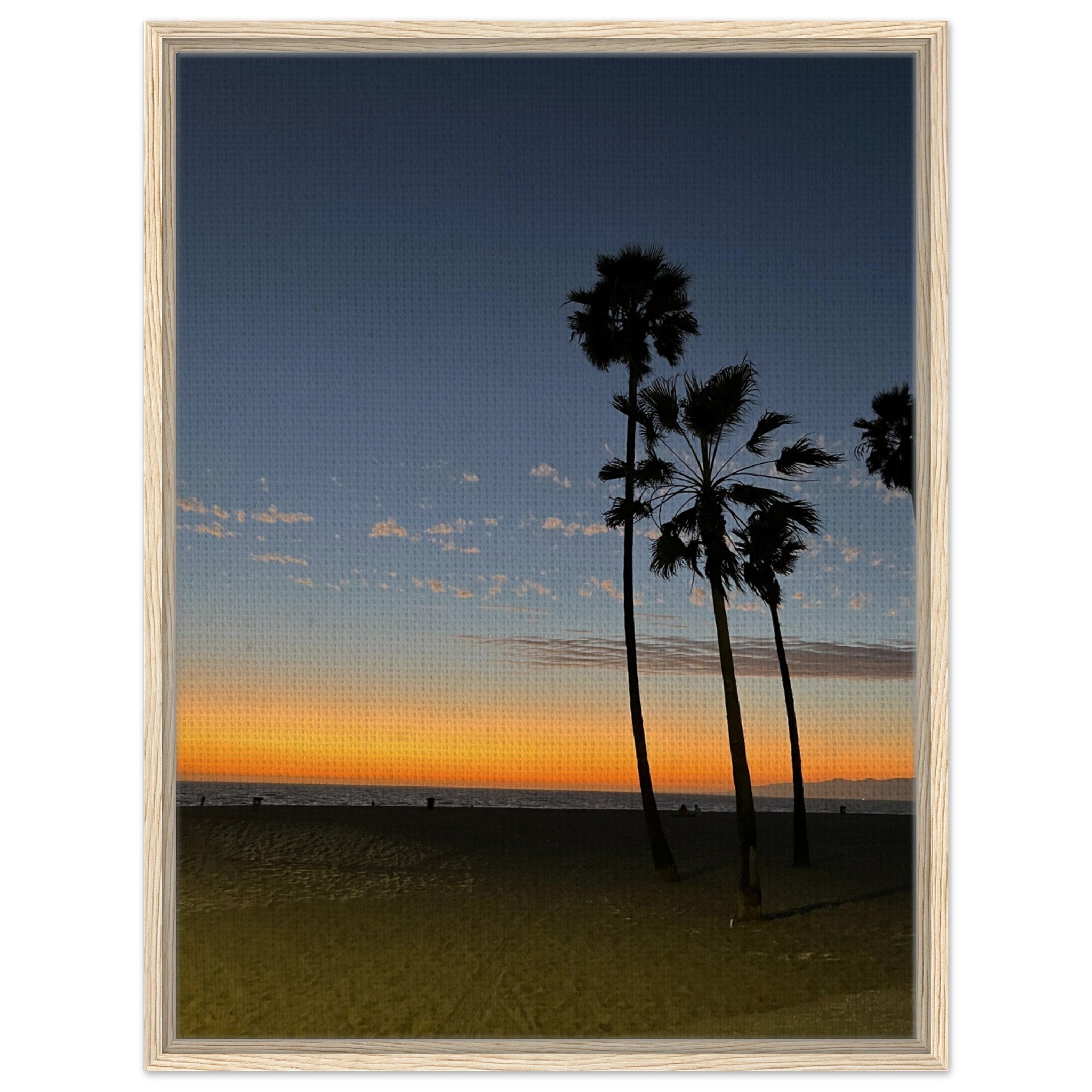 California Sunset Wall Art print featuring Venice Beach scene on canvas, framed in wood, studio edition for holiday decor.