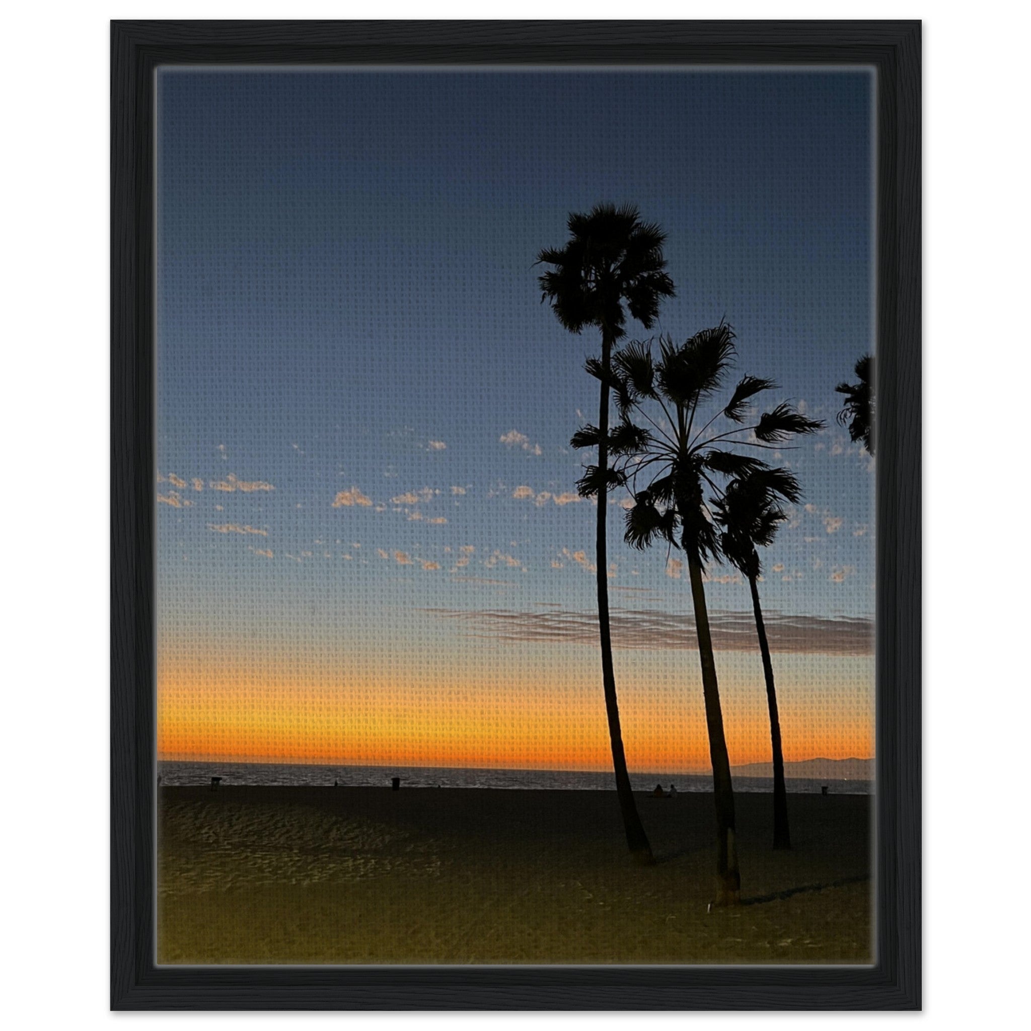 California Sunset Wall Art print featuring fall colors, Venice Beach scene on canvas with a wood frame, Studio Edition.